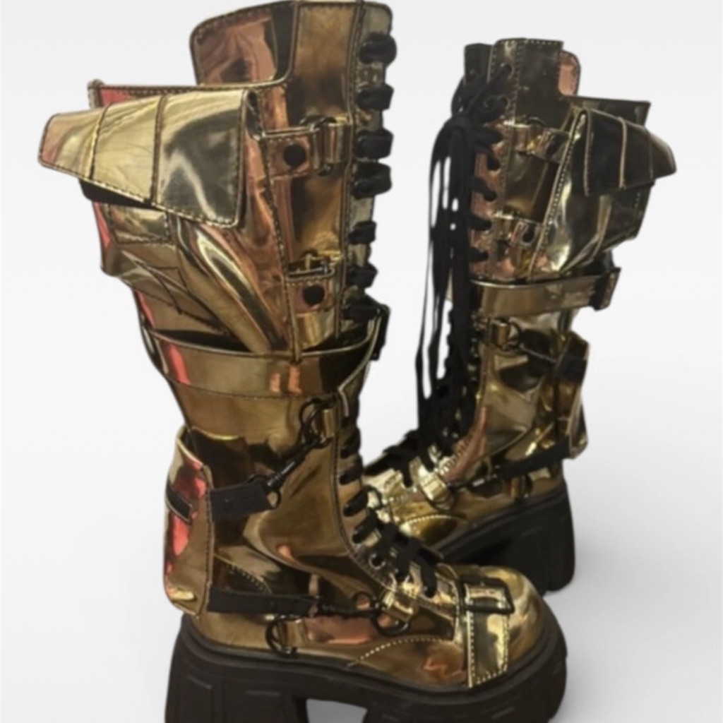 Dolls Kill Club Exx Utopia Elements Gold Distressed Combat Boots New Wo Box 7